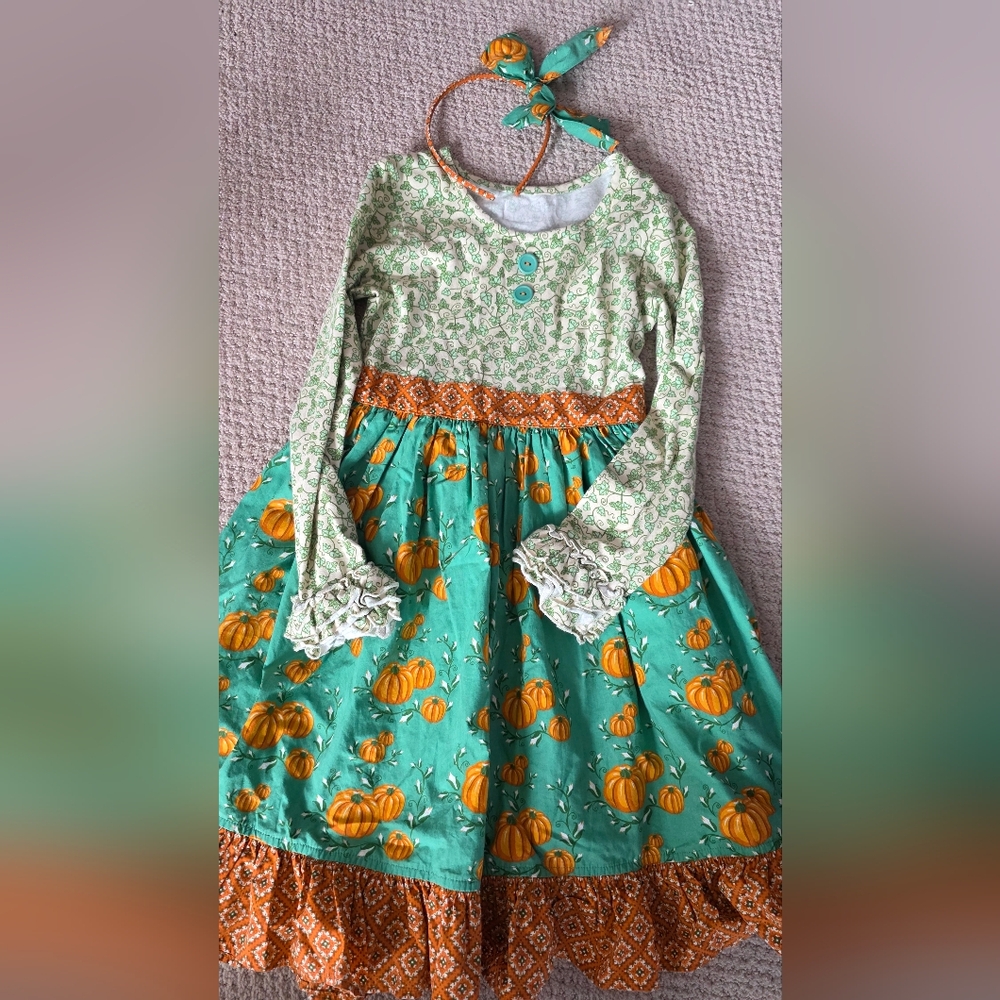 Eleanor Rose Teal Pumpkin-Print Dress with Orange Accents and Headband